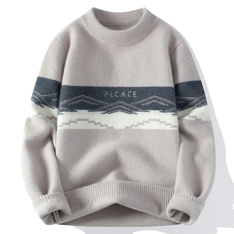 Unisex Nordic knit sweater in cozy neutral tones with geometric stripe pattern for winter