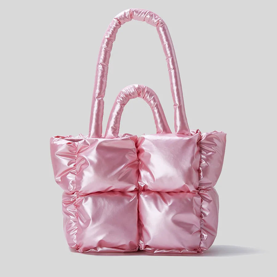 Urbann-Vibe Jorlin quilted plush shoulder bag satin finish structured silhouette 20in fashion-forward
