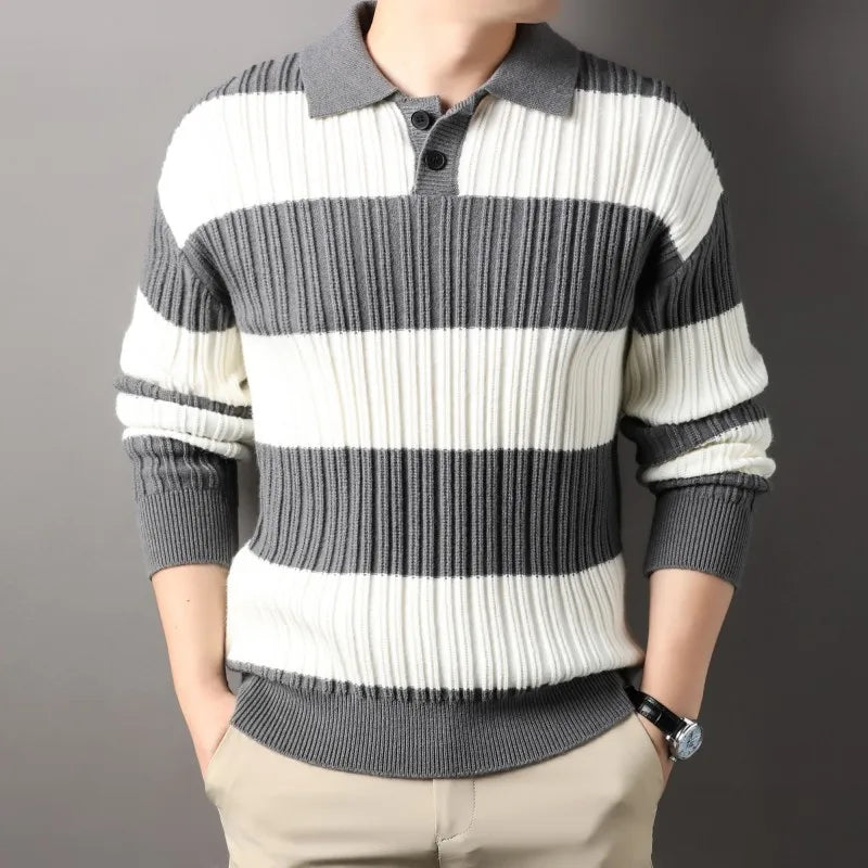 Men's striped ribbed knit polo sweater, midweight smart-casual fit with structured collar