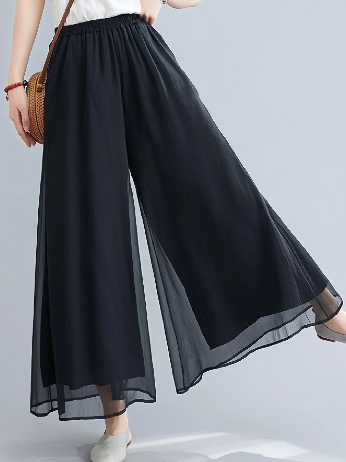 Women's sheer mesh chiffon flare pants with double-layer design and delicate sheer hem overlay