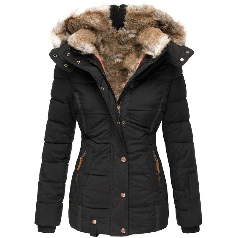 Women's hooded winter jacket in neutral tone, relaxed contemporary fit with functional wind-shield hood