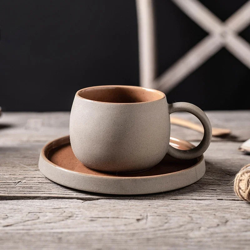 Terra ceramic stone coffee cups with saucer, matte textured finish, ergonomic handle, 300ml