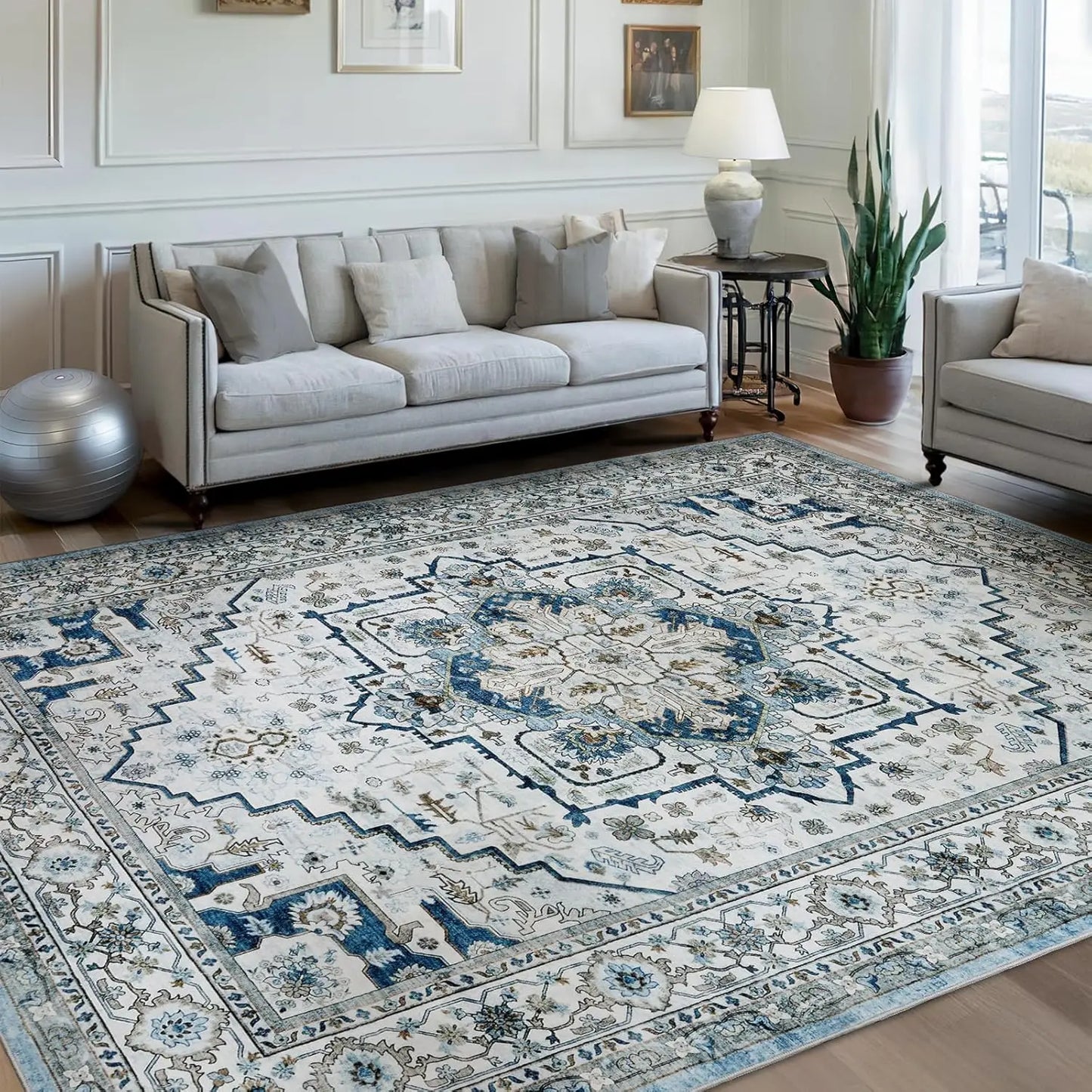 Blue white Persian geometric floral non-slip area rug with elegant traditional pattern for living room