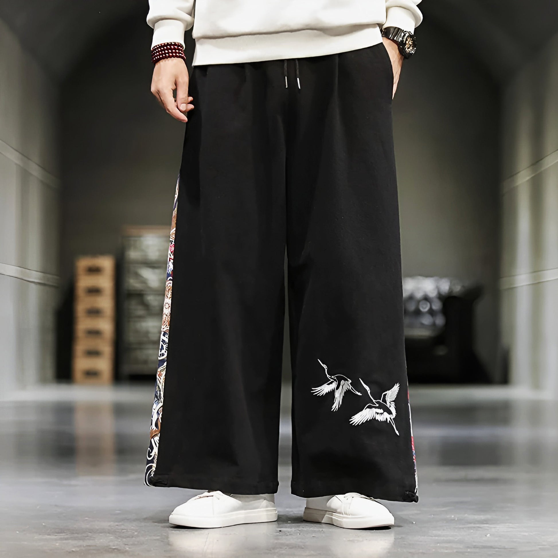 Wide-leg cotton linen pants with Eastern-inspired embroidery, breathable and artistic for creative women