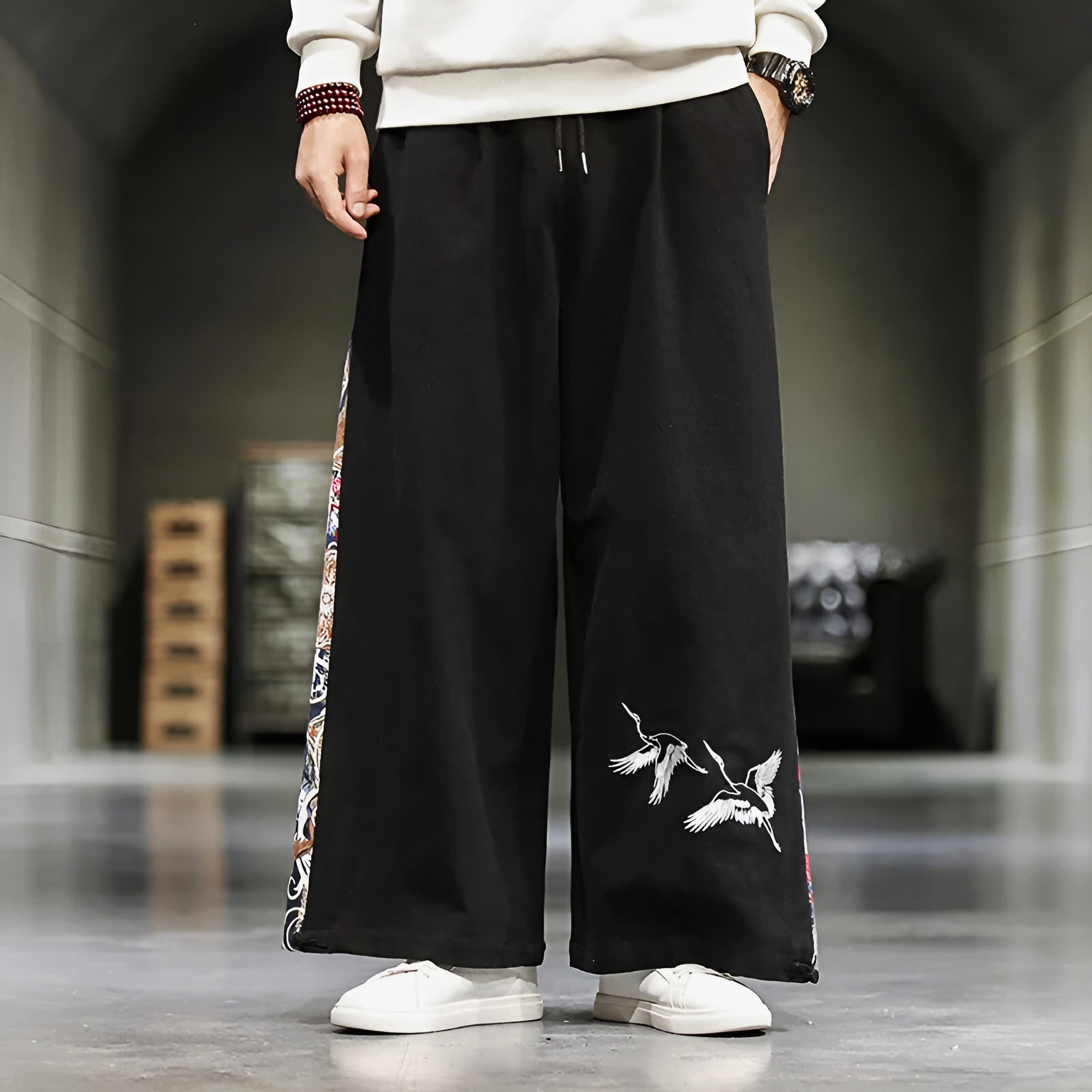 Wide-leg cotton linen pants with Eastern-inspired embroidery, breathable and artistic for creative women