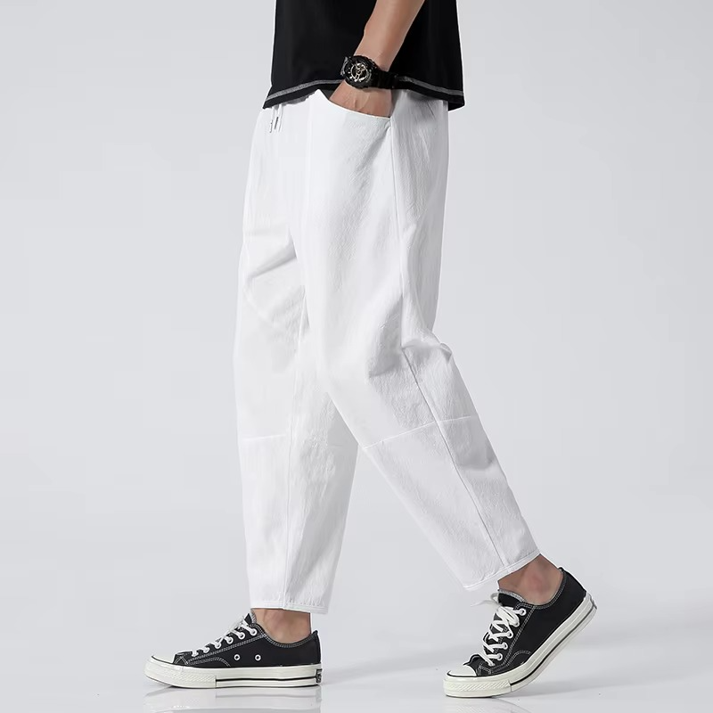 Men's lightweight cotton ankle-length relaxed-fit pants, breathable casual summer trousers in neutral tone