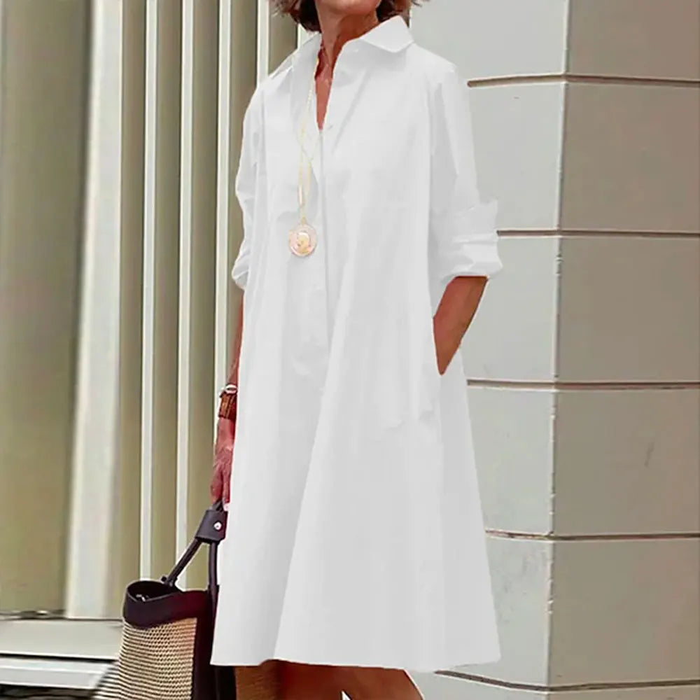 Women's navy A-line shirt dress button-front knee-length long sleeves elegant versatile style
