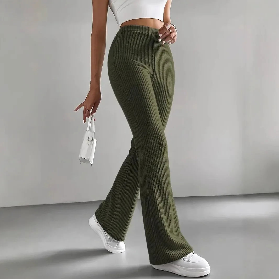 Women's ribbed knit flare pants slim fit elastic waist everyday elegant trousers