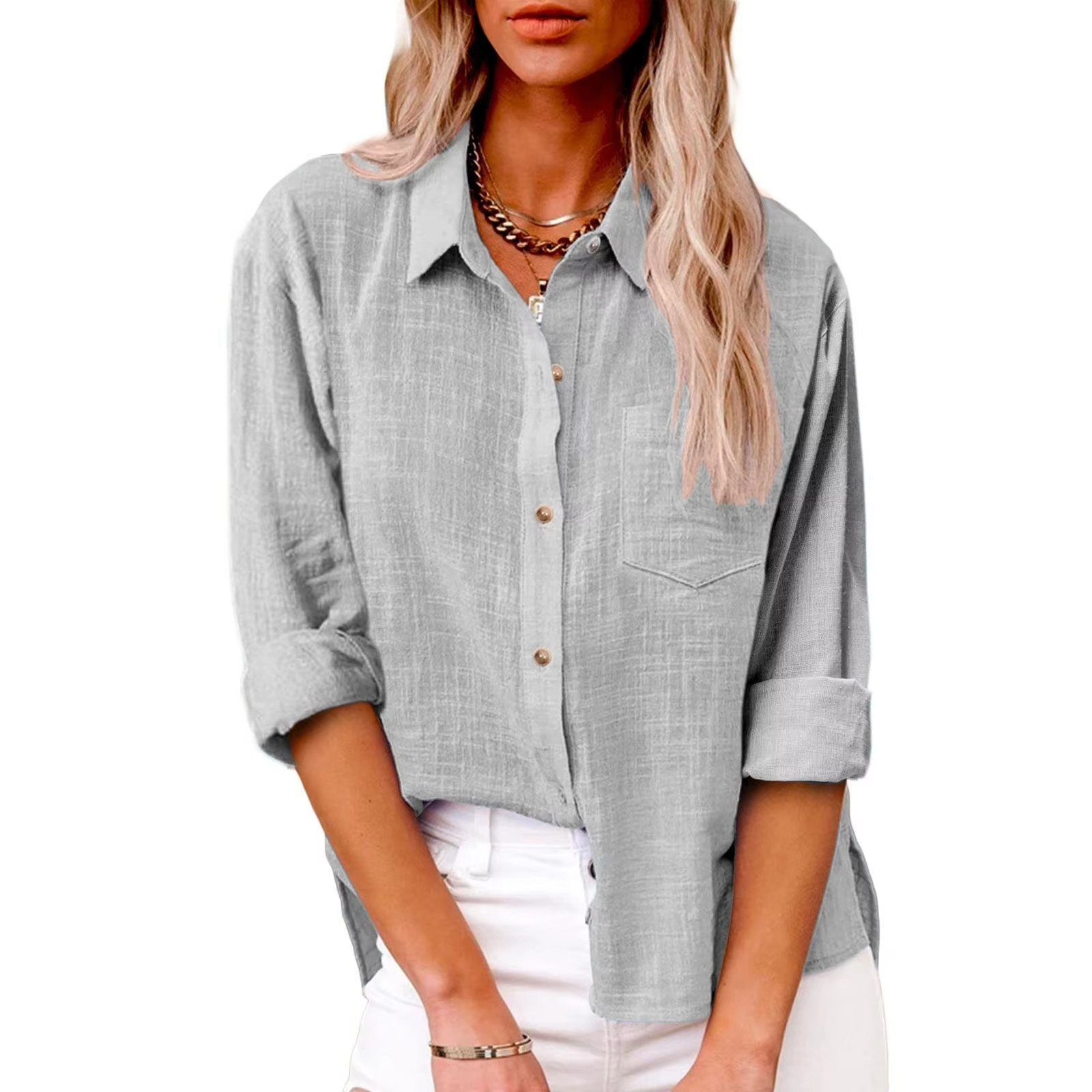 Women's cotton linen long sleeve blouse, breathable lightweight casual fit for spring layering
