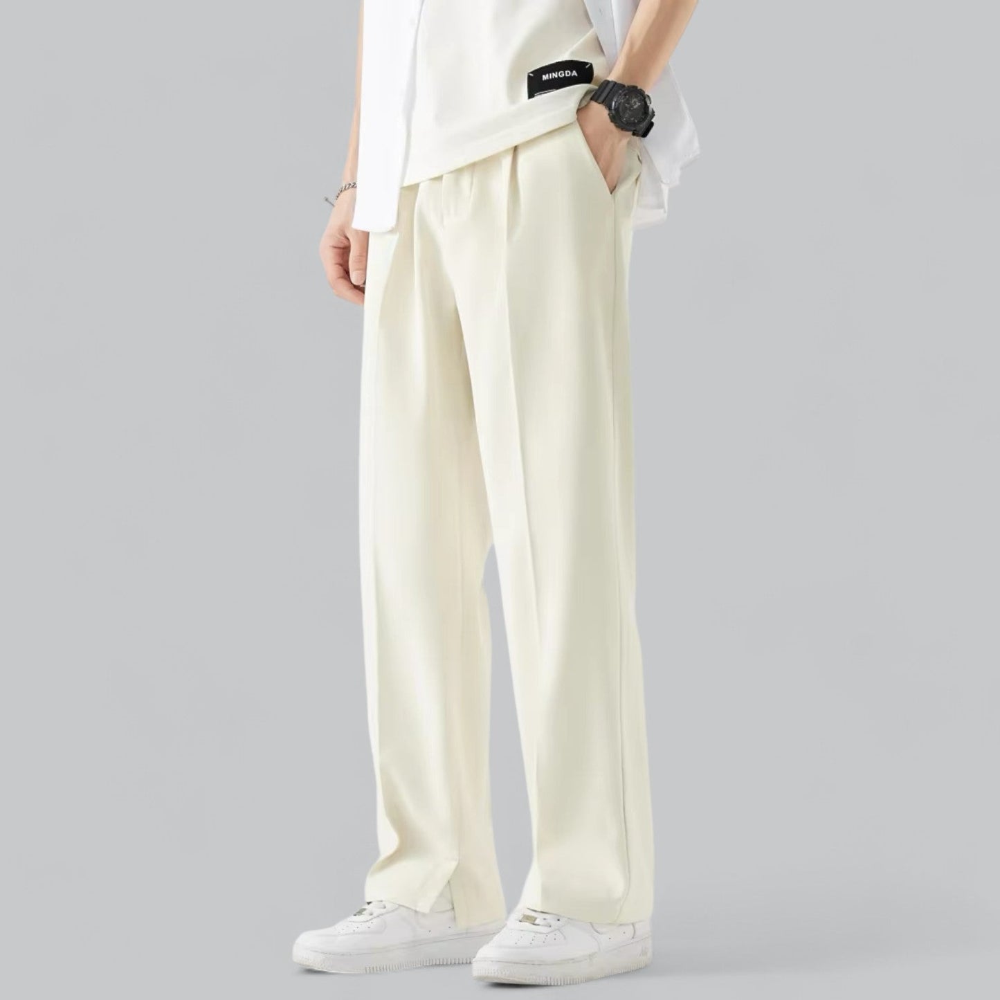 Jerry men's wide-leg pants in neutral tone, straight cut with all-day comfort stretch for office wear