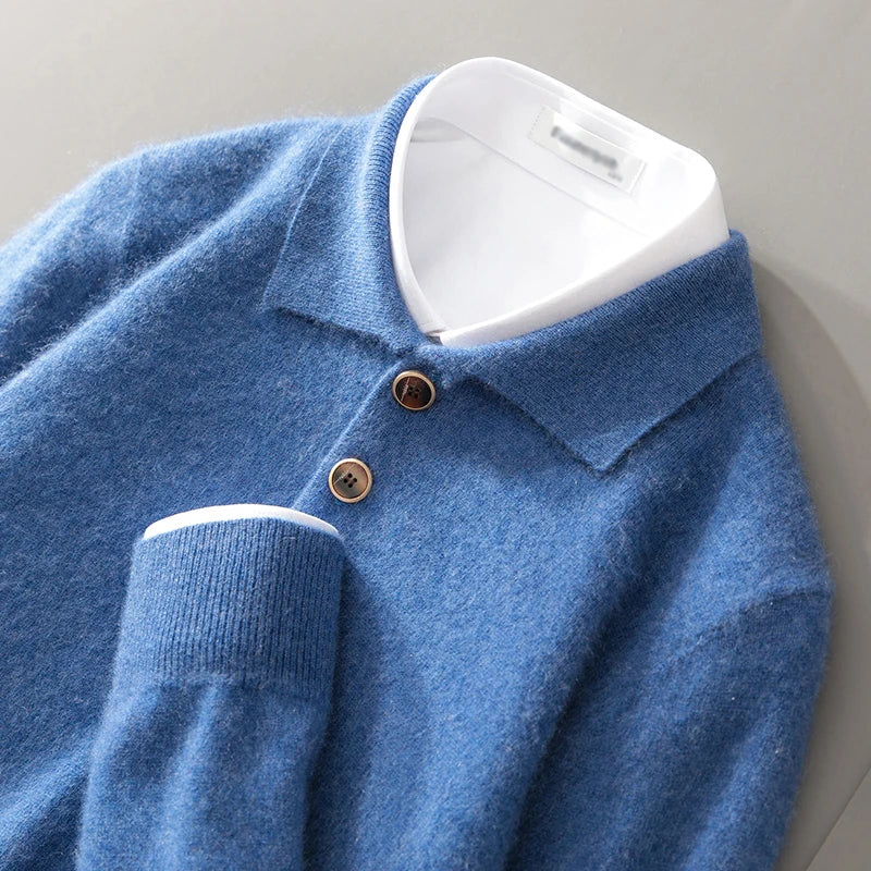 Men's gray wool-blend knit sweatshirt relaxed fit polo collar button-front casual style