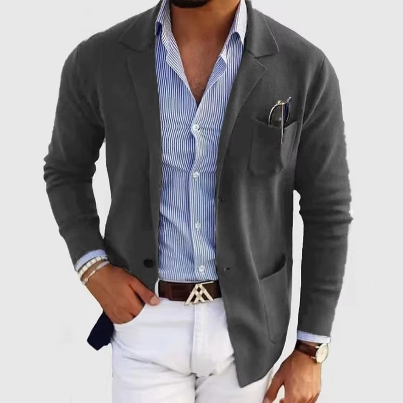 Men's gray knitted cardigan coat turn-down collar multi-pocket minimalist long silhouette