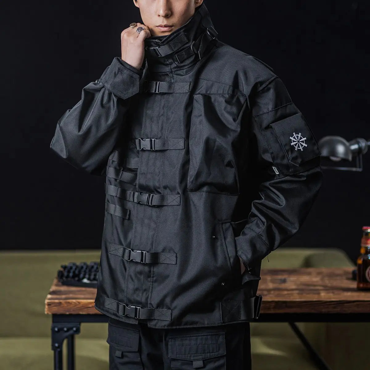 Men's olive green tactical jacket military-style waterproof ripstop shell with multiple utility pockets