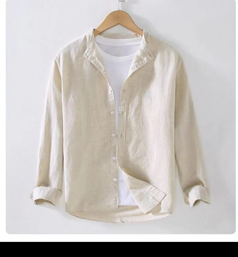 Men's vintage linen stand collar long sleeve shirt, breathable button-up in a clean modern fit