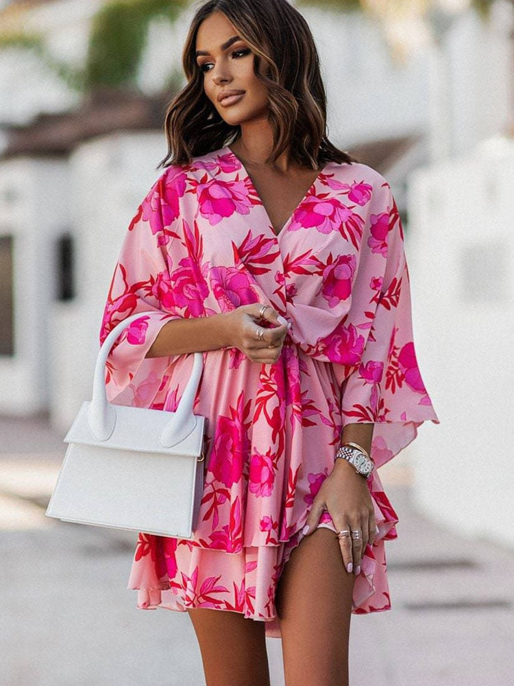 Lucia boho mini dress for women, airy floral print, relaxed silhouette with romantic detailing
