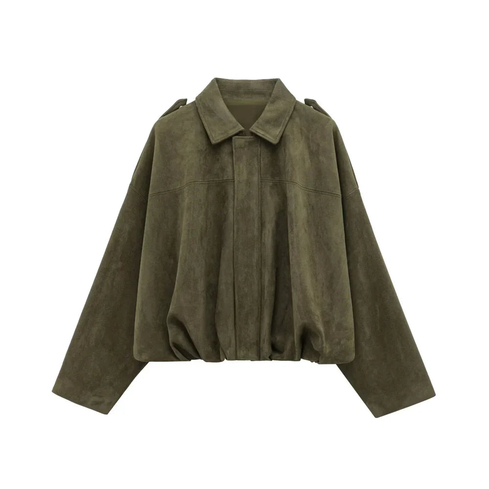 Women's loose faux suede jacket soft collared layerable fall essential in relaxed silhouette