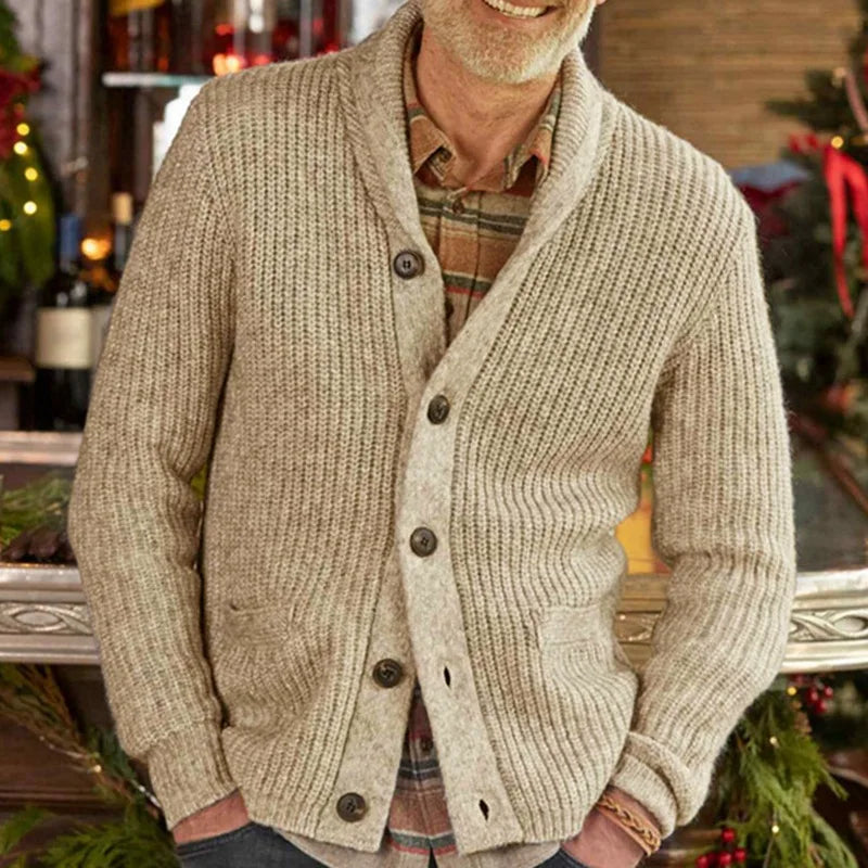 Unisex shawl collar knit cardigan in cozy chunky rib knit with button front winter essential