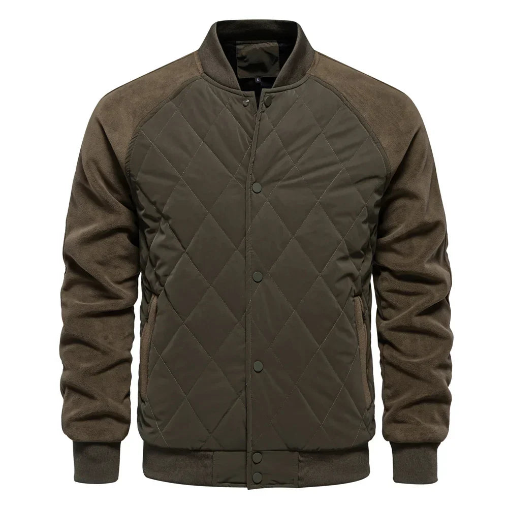 Unisex quilted bomber jacket diamond-stitched nylon front with contrast suede sleeves all-season layering