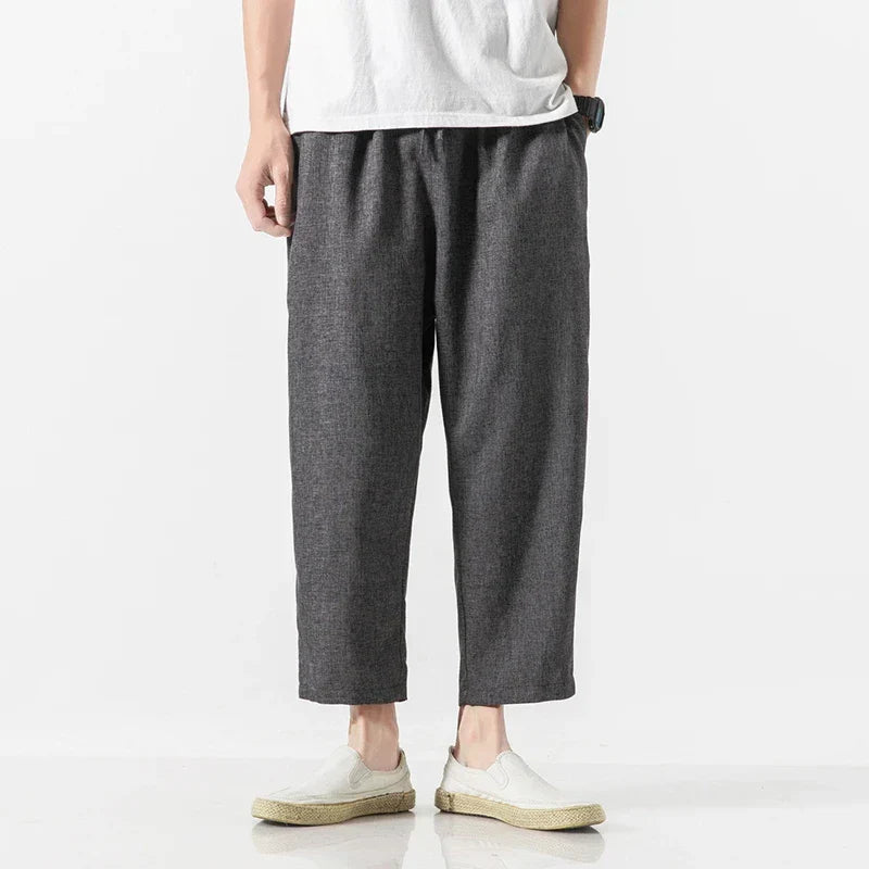 Beige linen blend loose fit pants with elastic waist, breathable everyday casual style