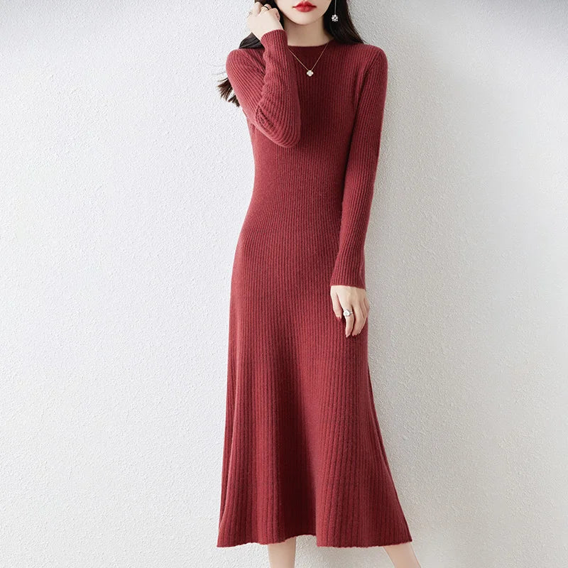 Women's gray wool knit long sleeve dress minimalist ribbed texture flattering silhouette