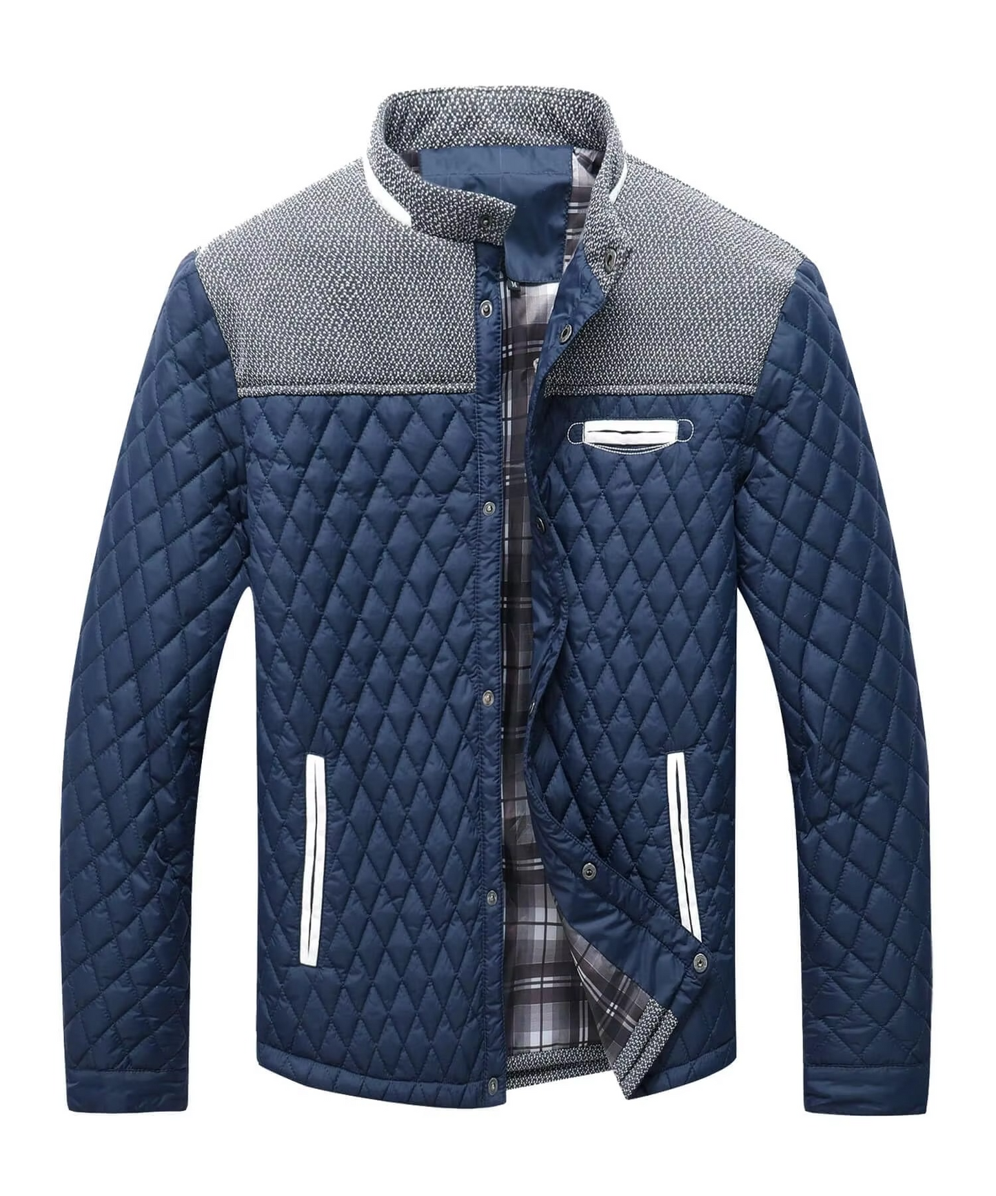 Men's black diamond quilted lightweight bomber jacket with contrast grey yoke and side pockets