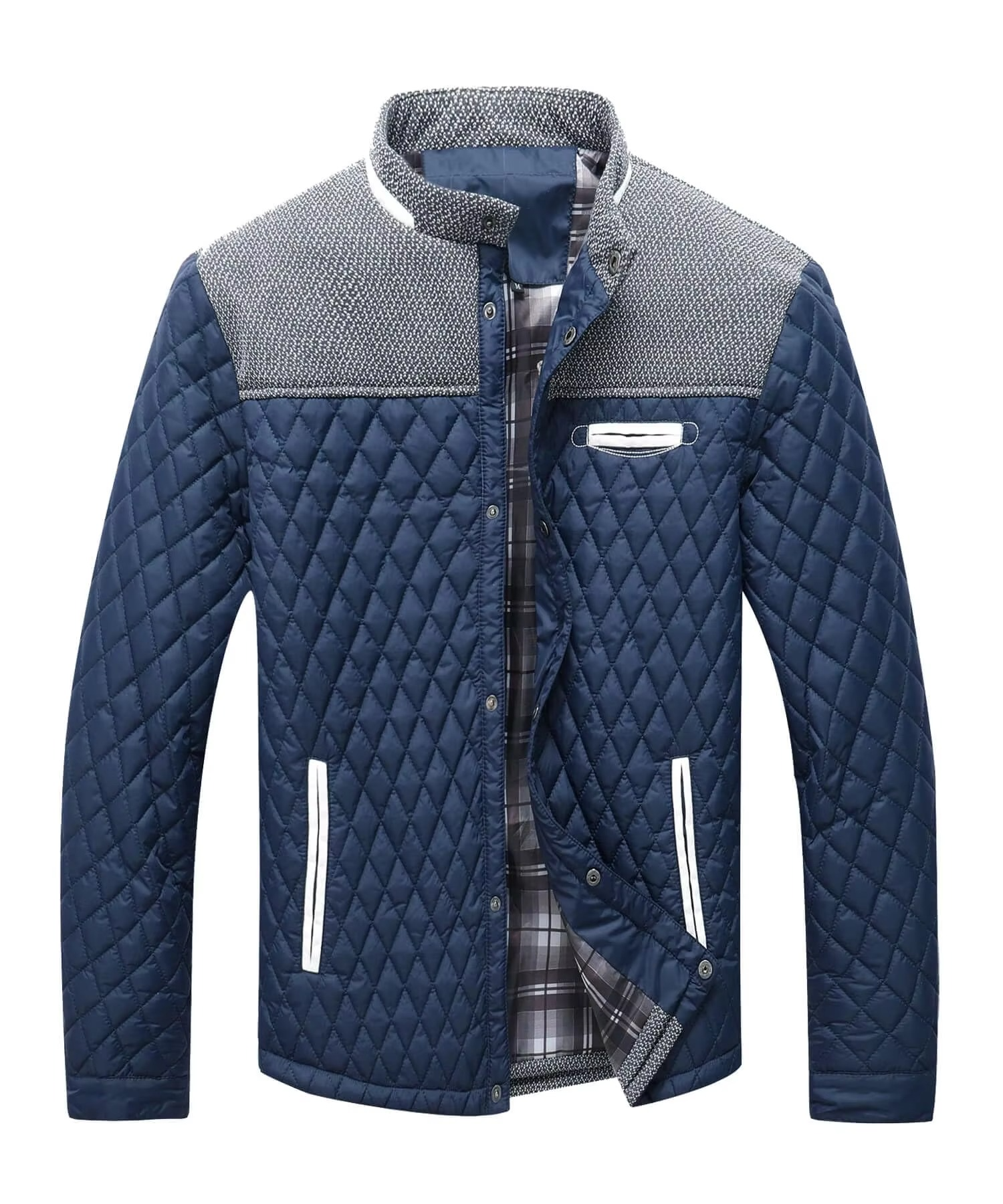 Men's black diamond quilted lightweight bomber jacket with contrast grey yoke and side pockets