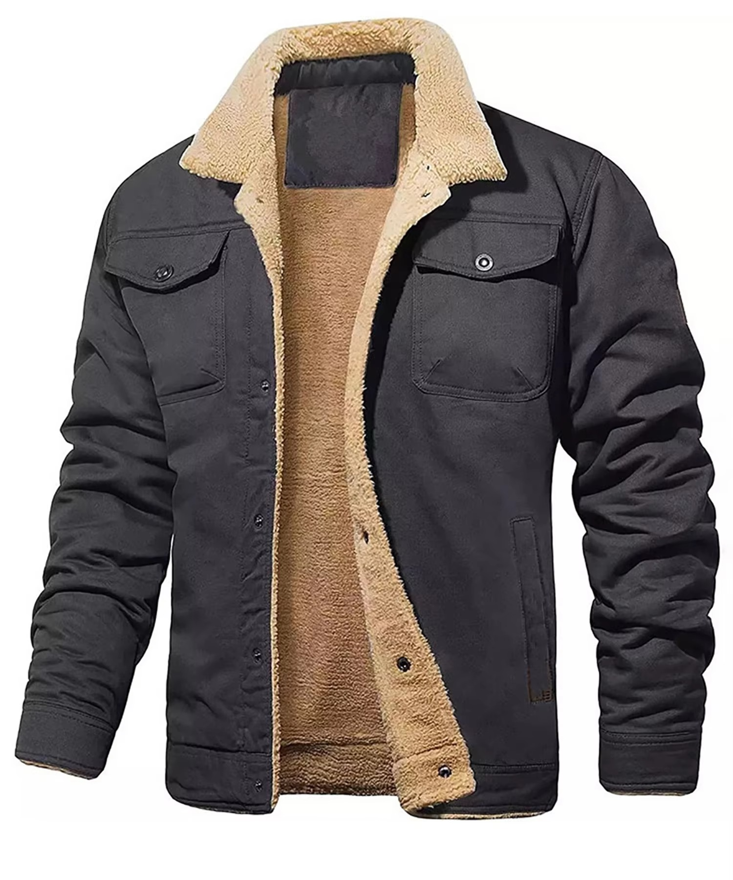 Men's windproof faux shearling lined parka coat with pockets, winter cold weather warmth style