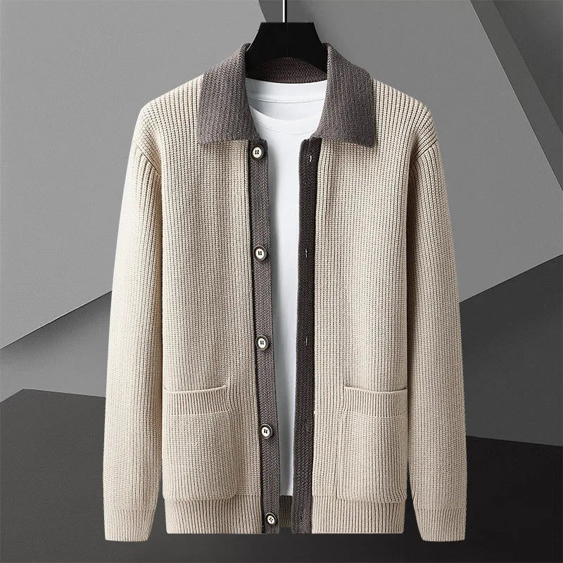 Women's ribbed knit cardigan contrast collar button-front two-pocket chic versatile layer