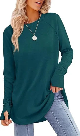 Women's relaxed fit tunic top in soft cotton blend with thumb hole cuffs for everyday comfort