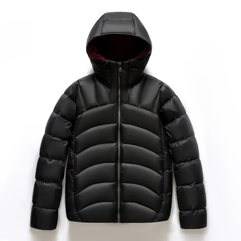 Unisex hip-length quilted down puffer jacket with hood and zipper front for warm winter wear