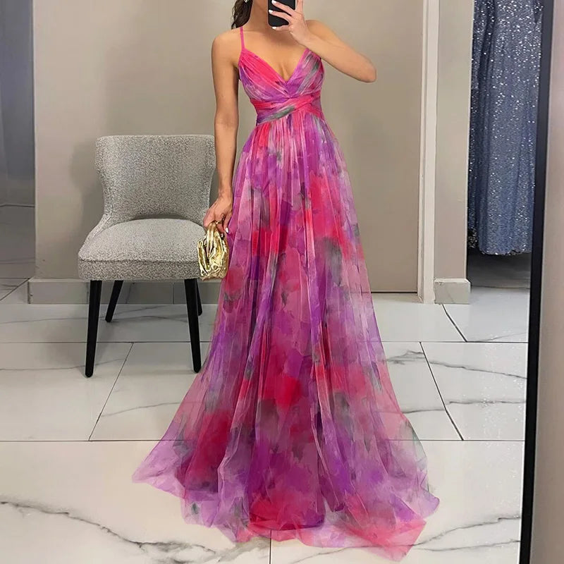 Ruby floral maxi dress women pleated chiffon watercolor pastel blooms romantic full-length silhouette
