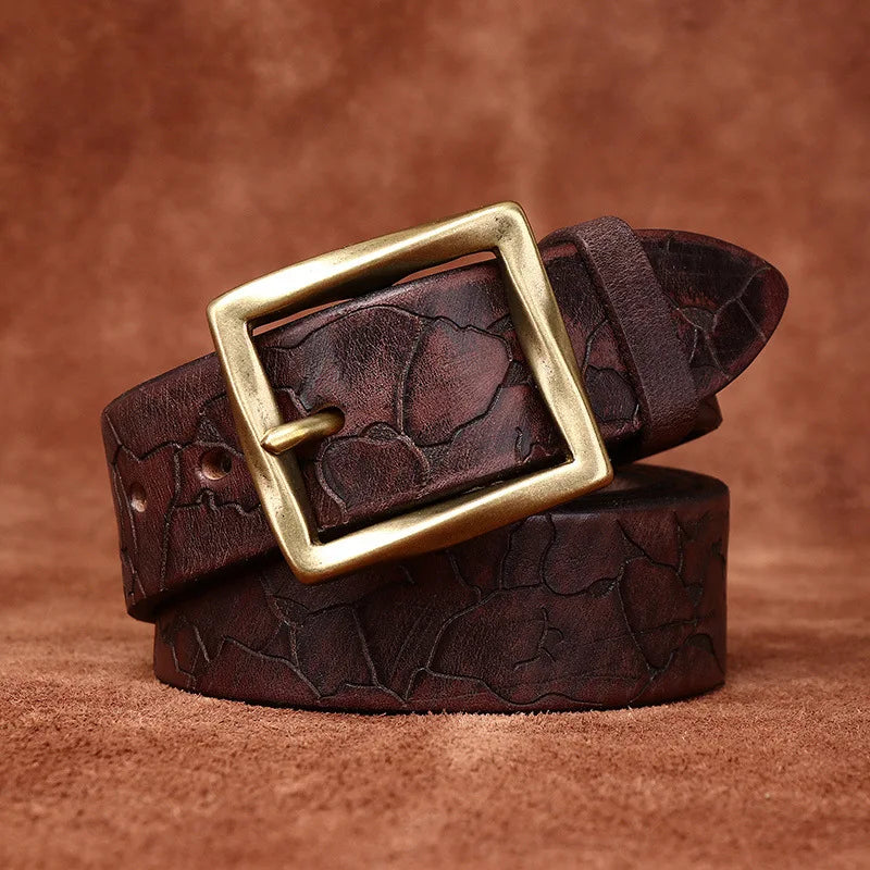 Men's brown full-grain leather belt hand-etched western pattern solid brass buckle rugged everyday style