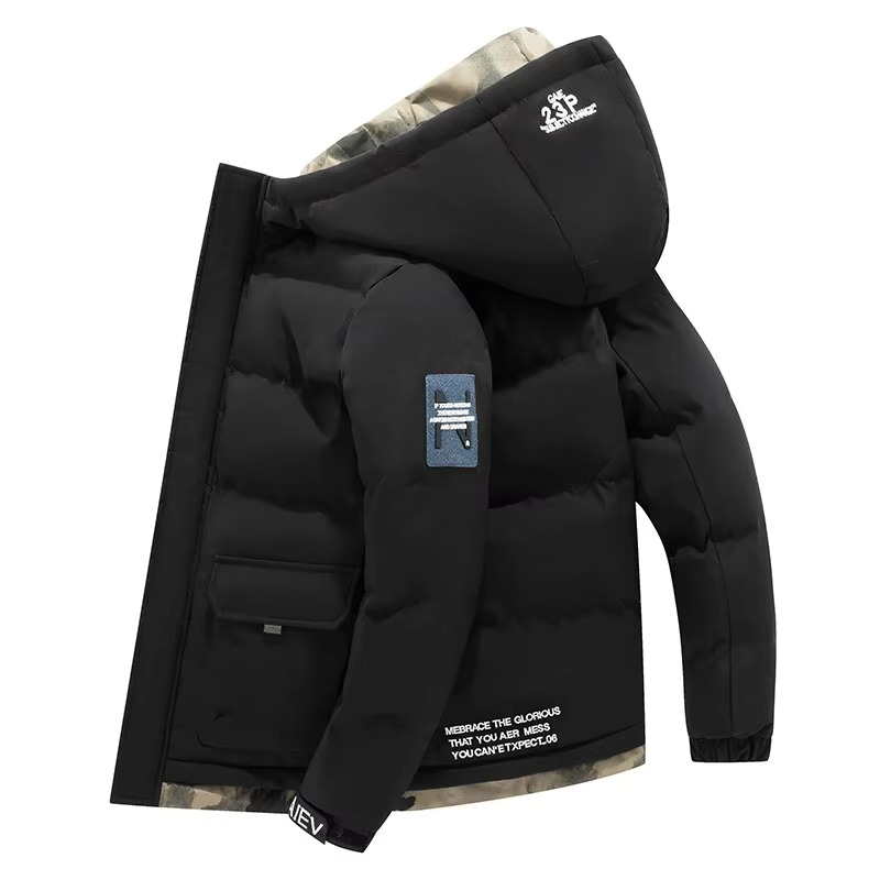 Men's windproof hooded parka jacket insulated warmth multiple pockets cold-weather coat