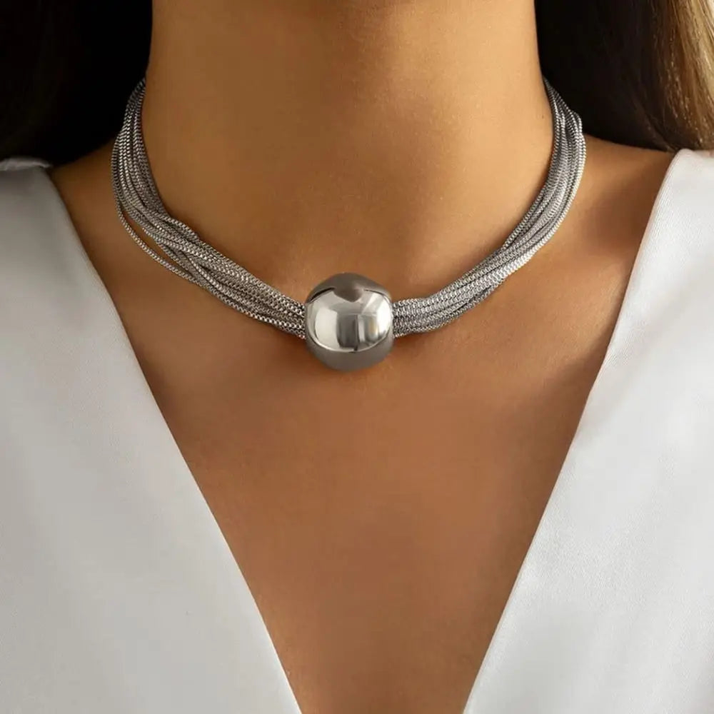 Sterling silver layered choker necklace with sphere droplet pendant, adjustable waterproof tarnish-proof design