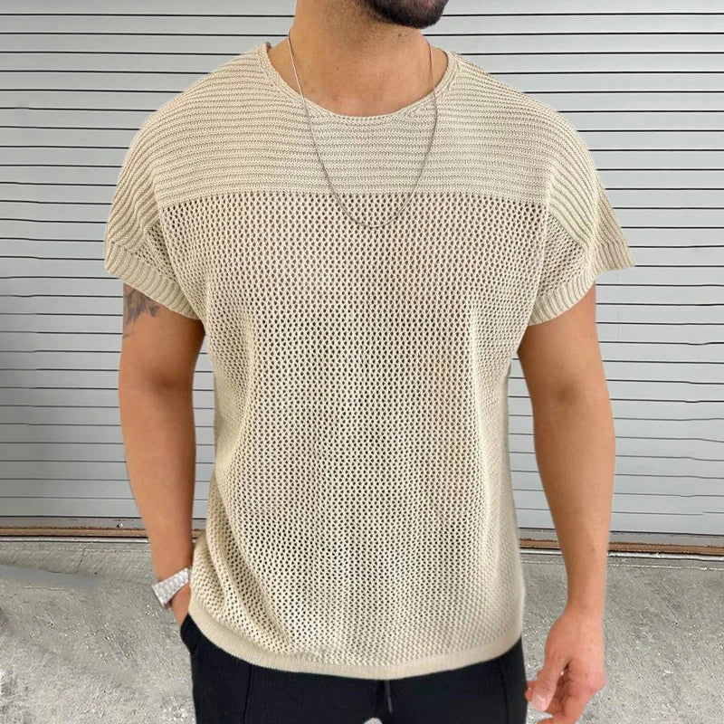 Men's breathable mesh-knit O-neck tee relaxed fit lightweight streetwear summer shirt