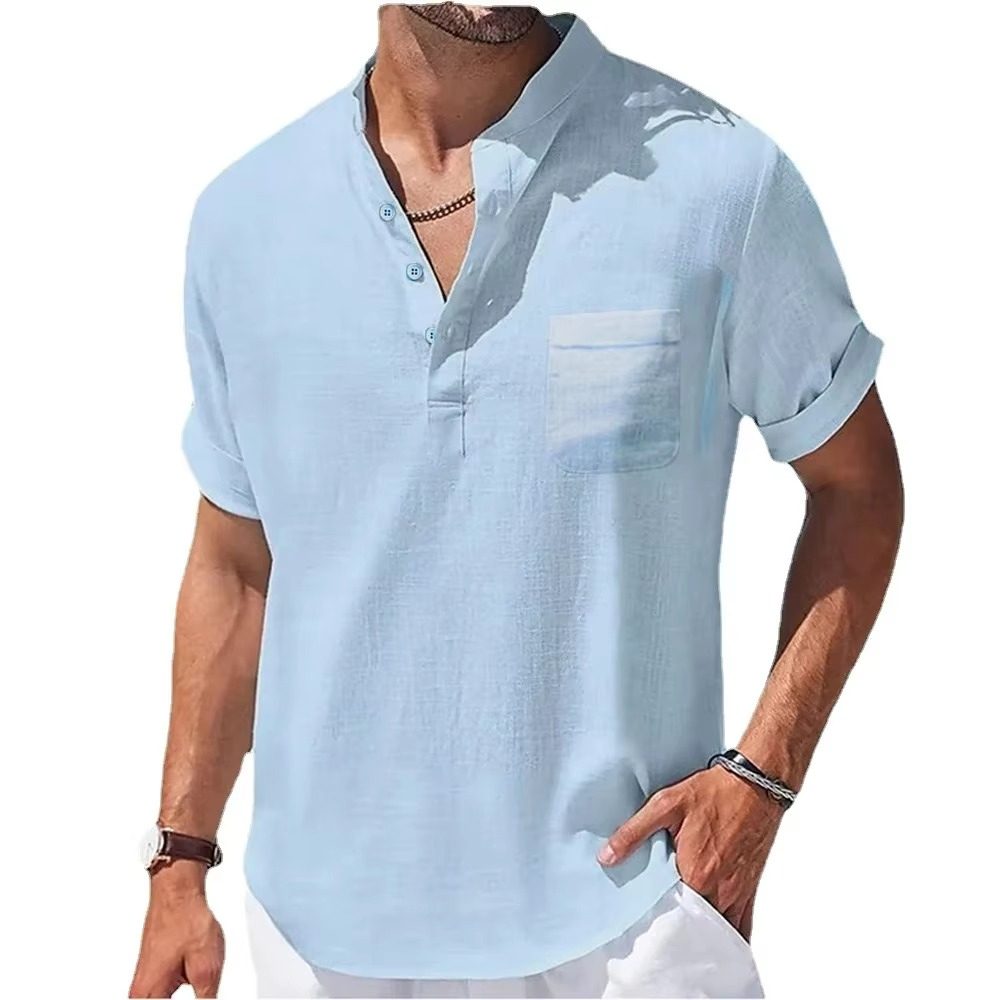 Men's navy cotton linen Henley shirt short sleeve relaxed fit breathable lightweight casual travel top