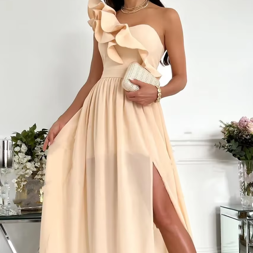 Women's one shoulder maxi dress with ruffle edge, side slit, asymmetrical neckline, event-ready style
