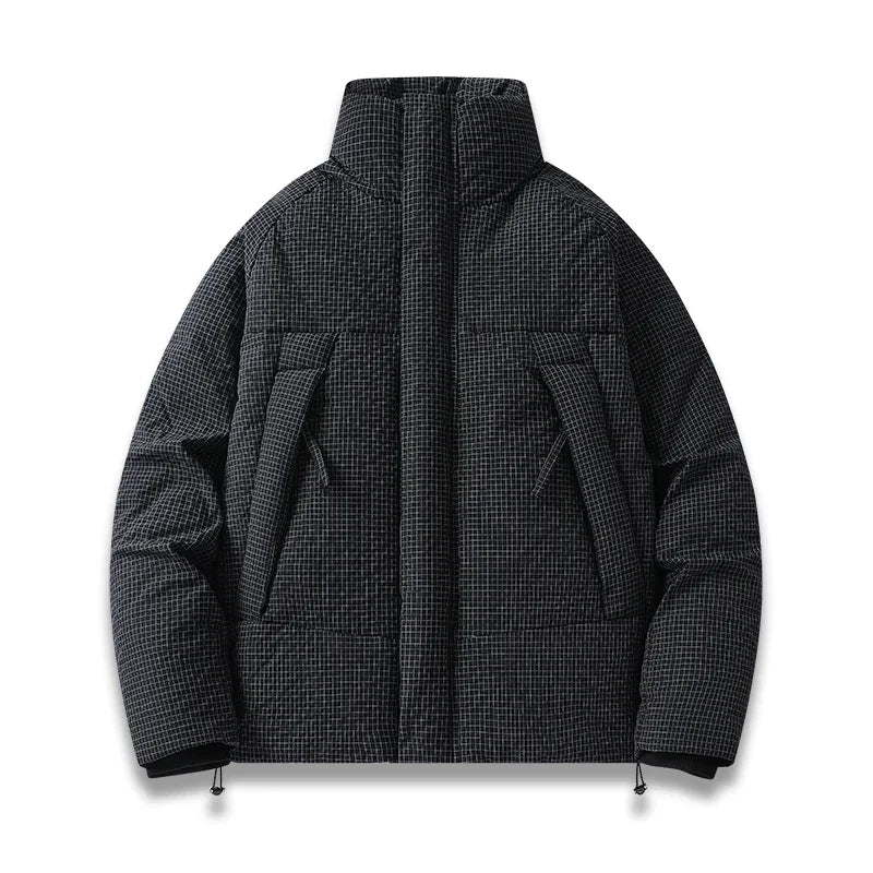 Men's black quilted parka with plaid texture, structured fit, and windproof insulation for cold weather