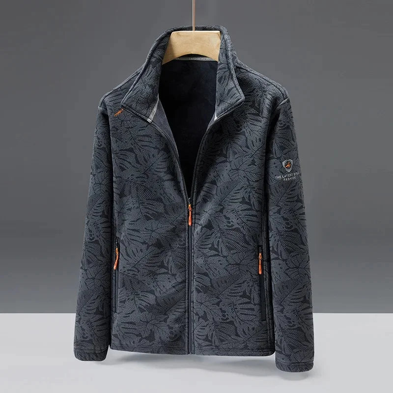 Men's plush fleece jacket in textured pattern with high collar and zip pockets for warm layering
