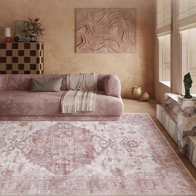 Pink vintage Nordic style living room rug, non-slip machine washable foldable soft mat modern homes