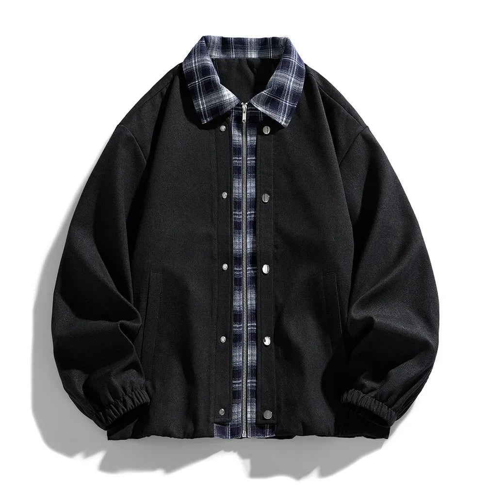 Cropped boxy workwear jacket with flannel contrast collar in minimalist design for everyday layering