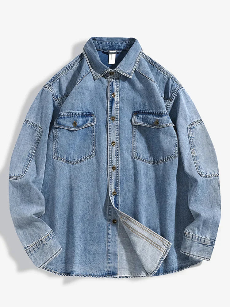 Men's rugged denim utility shirt in classic blue with turn-down collar and durable cotton workwear build