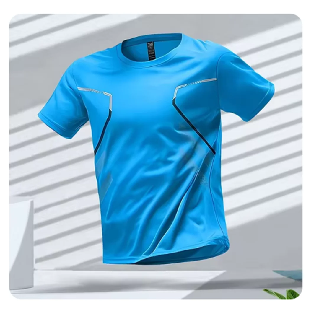 Men's light blue ice silk sport tee with moisture-wicking quickdry fabric for running and outdoor training