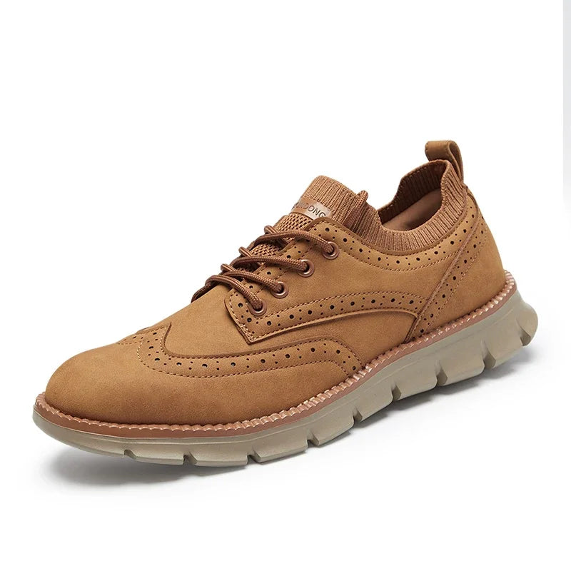 Men's brown wingtip Oxford dress shoes genuine leather upper cushioned rubber outsole all-day comfort