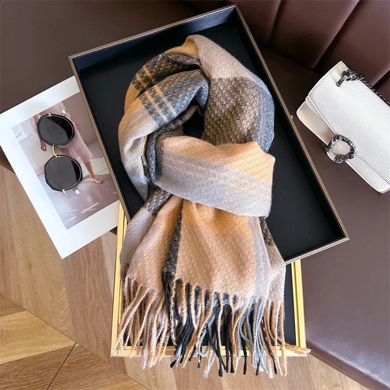 Women's plaid rectangular scarf with fringed tassel edges, elegant long wrap in classic pattern