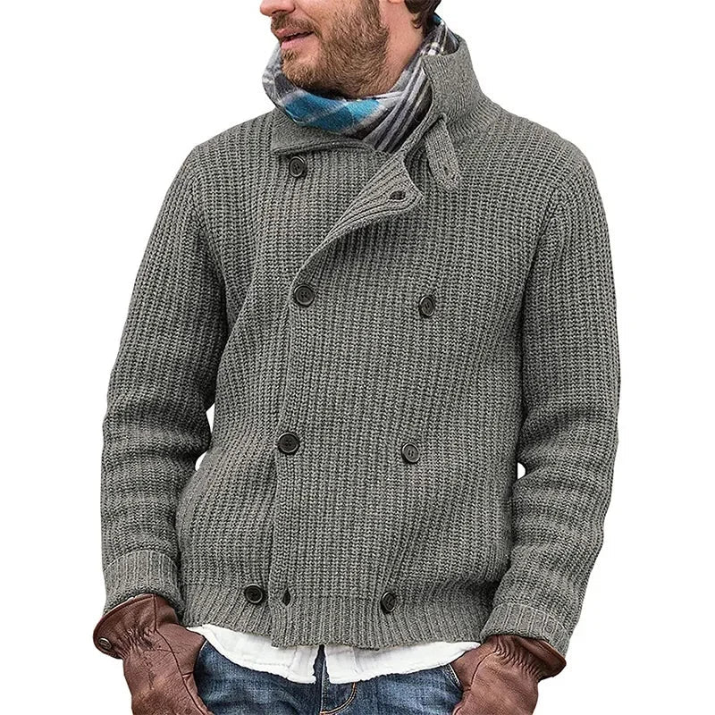 Men's double-breasted chunky knit cardigan smart casual tailored fit with structured silhouette