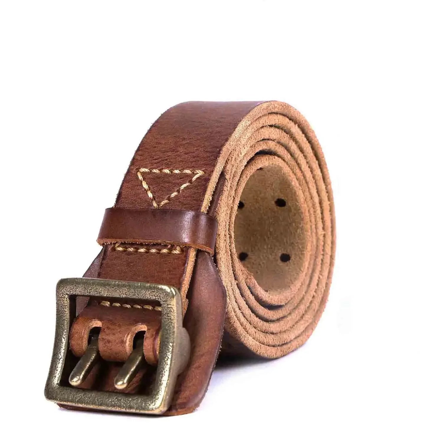 Men's full-grain Italian leather belt tan brown with solid copper double-prong buckle refined style