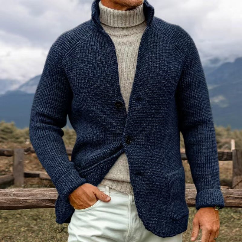 Men's chunky knit cardigan in neutral tones, relaxed modern fit with classic button front placket