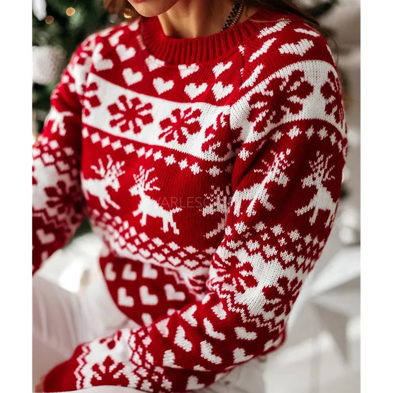 Unisex Christmas knit sweater featuring reindeer and snowflake pattern for cozy holiday style