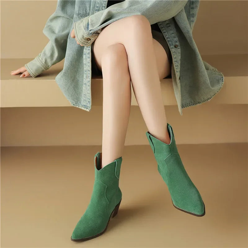 Women's ankle western cowboy boots faux suede pull-on tabs all-day comfort casual style